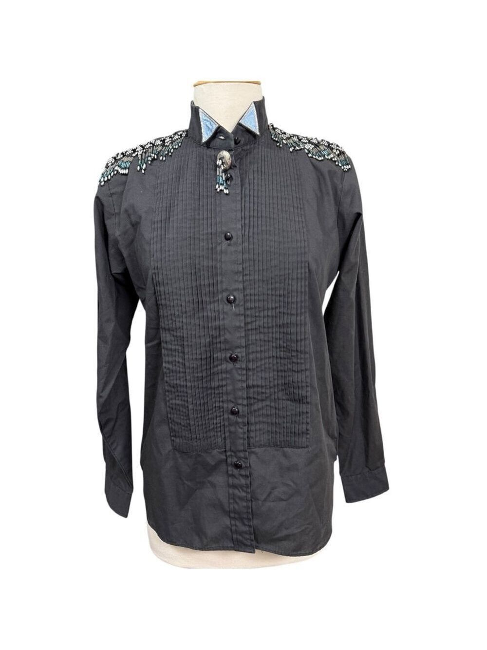 Vintage Wrangler Black Western Shirt Beaded Shoulder Detail Size Medium